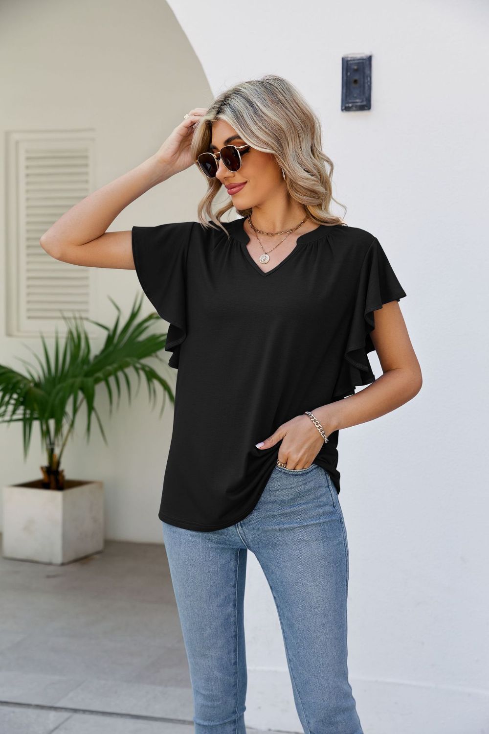 Women's JAYLEEN Full Size Notched Neck Flutter Sleeve Tee