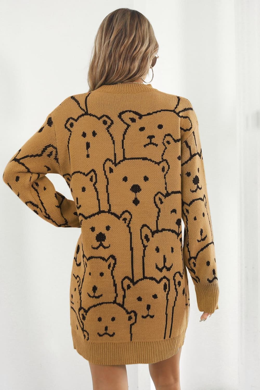 Athena Rea Bear Pattern Round Neck Sweater Dress