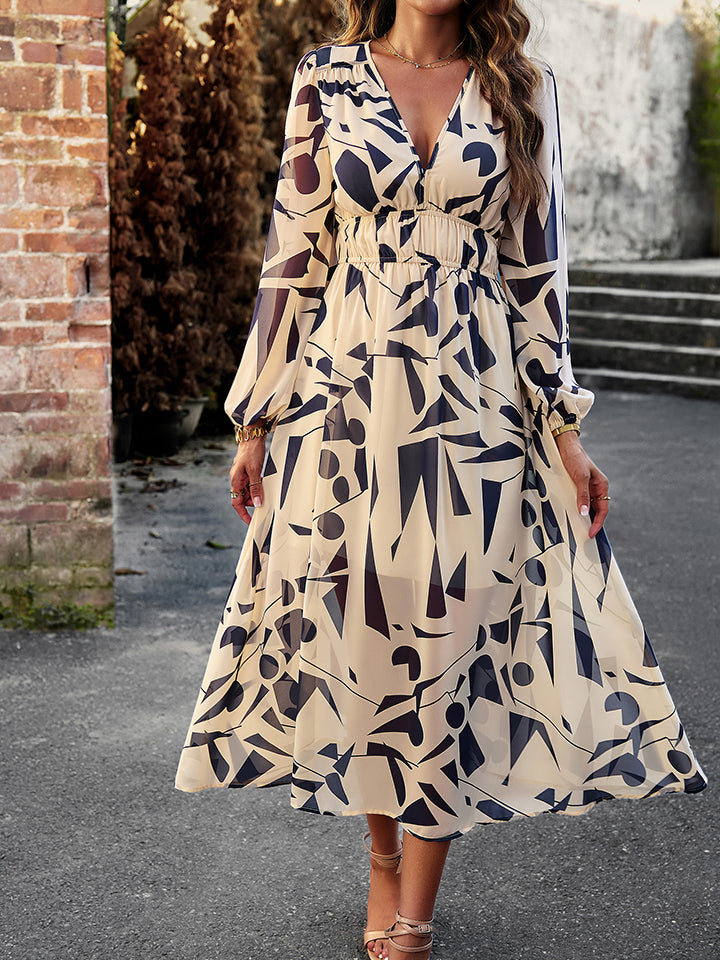 IconicDream Printed V-Neck Long Sleeve Midi Dress