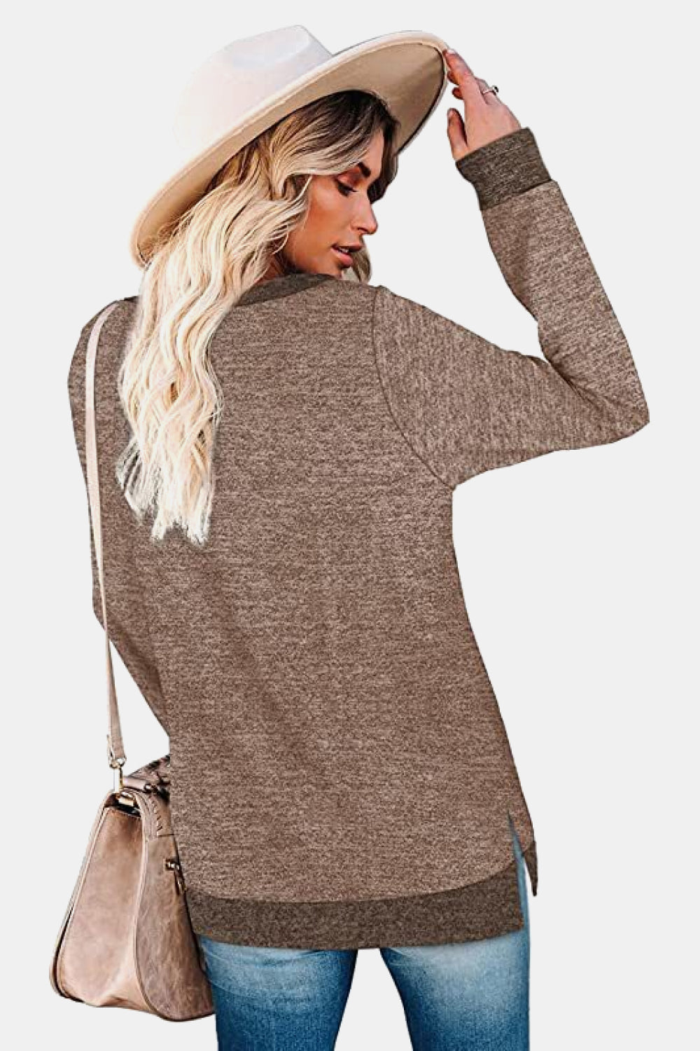 Full Size Round Neck Long Sleeve Slit T-Shirt