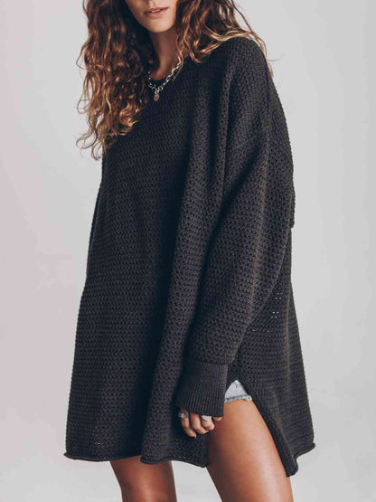 LoversLane Openwork Round Neck Long Sleeve Slit Sweater