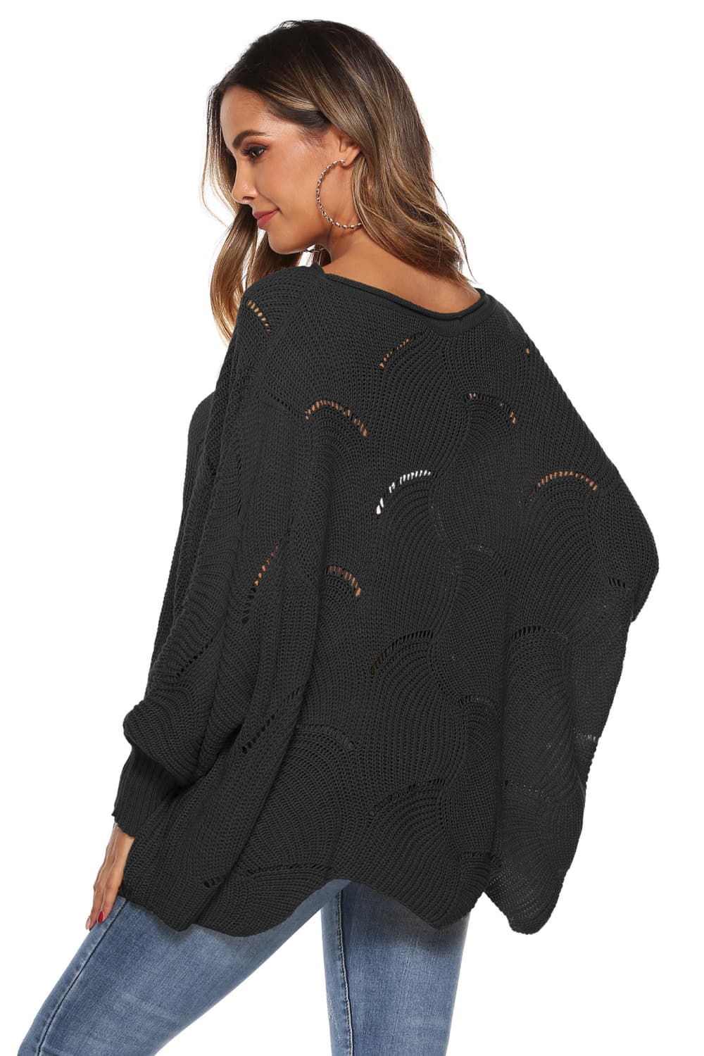 Full Size Round Neck Long Sleeve Openwork Sweater