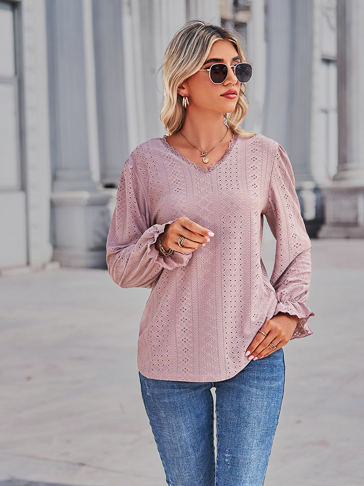 Full Size Eyelet V-Neck Flounce Sleeve Blouse