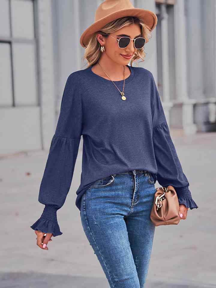 Full Size Round Neck Flounce Sleeve Blouse