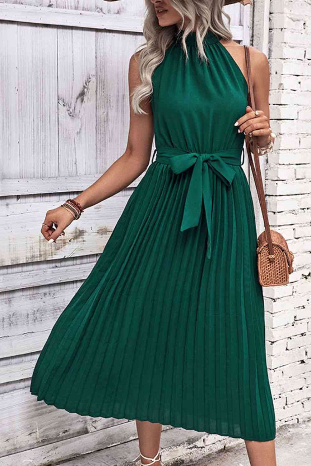 Forest Green Tie Belt Pleated Midi Dress