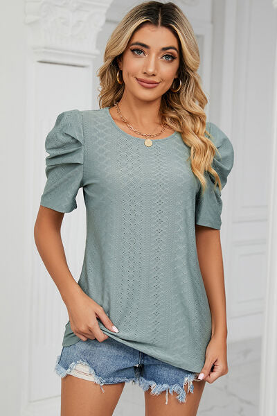 Eyelet Round Neck Puff Sleeve T-Shirt