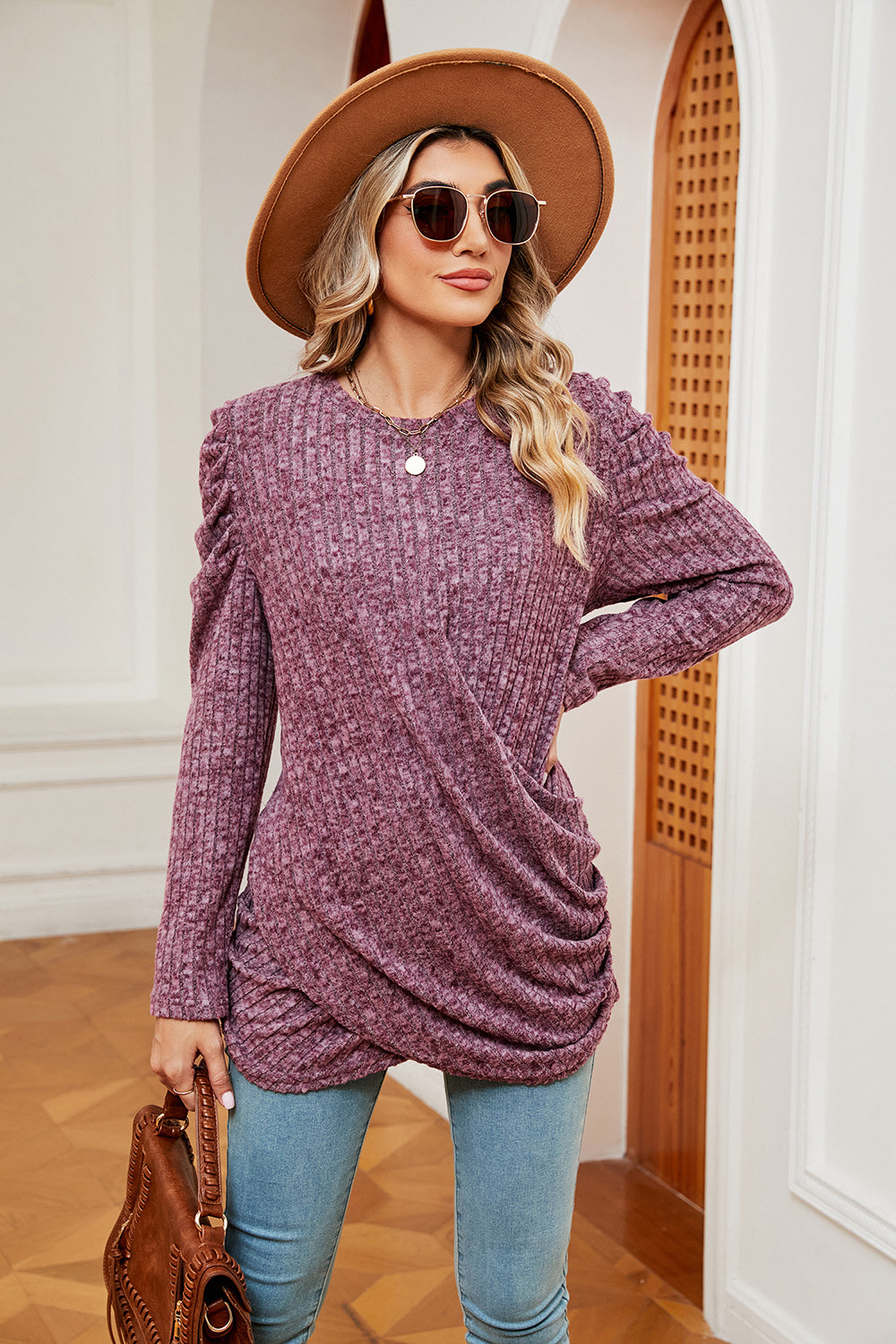 Full Size Long Sleeve Ribbed Twisted Top