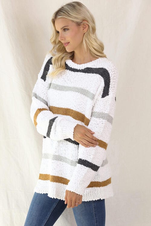 LoversLane Striped Round Neck White Long Sleeve Sweater