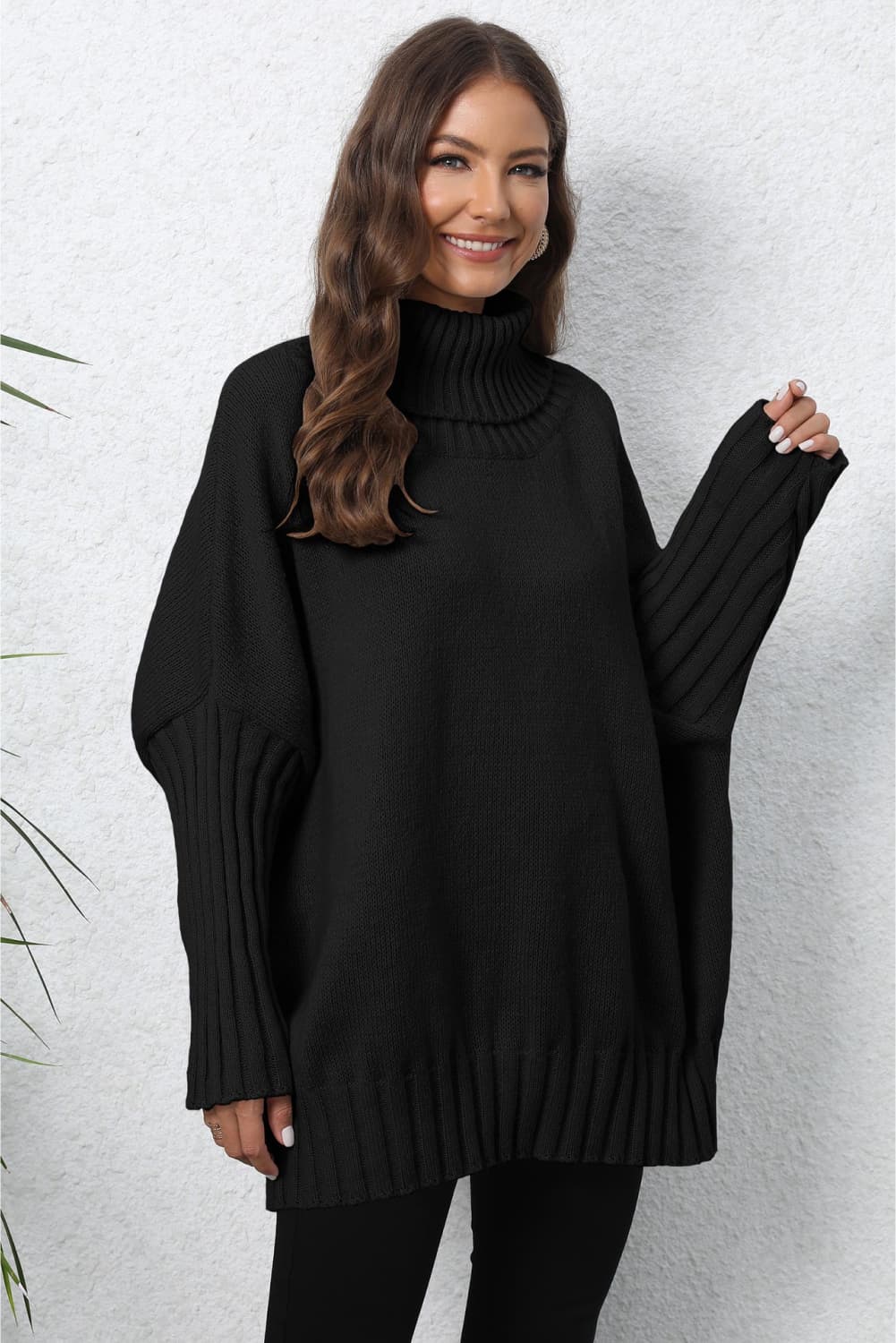 One Size Turtle Neck Long Sleeve Ribbed Sweater