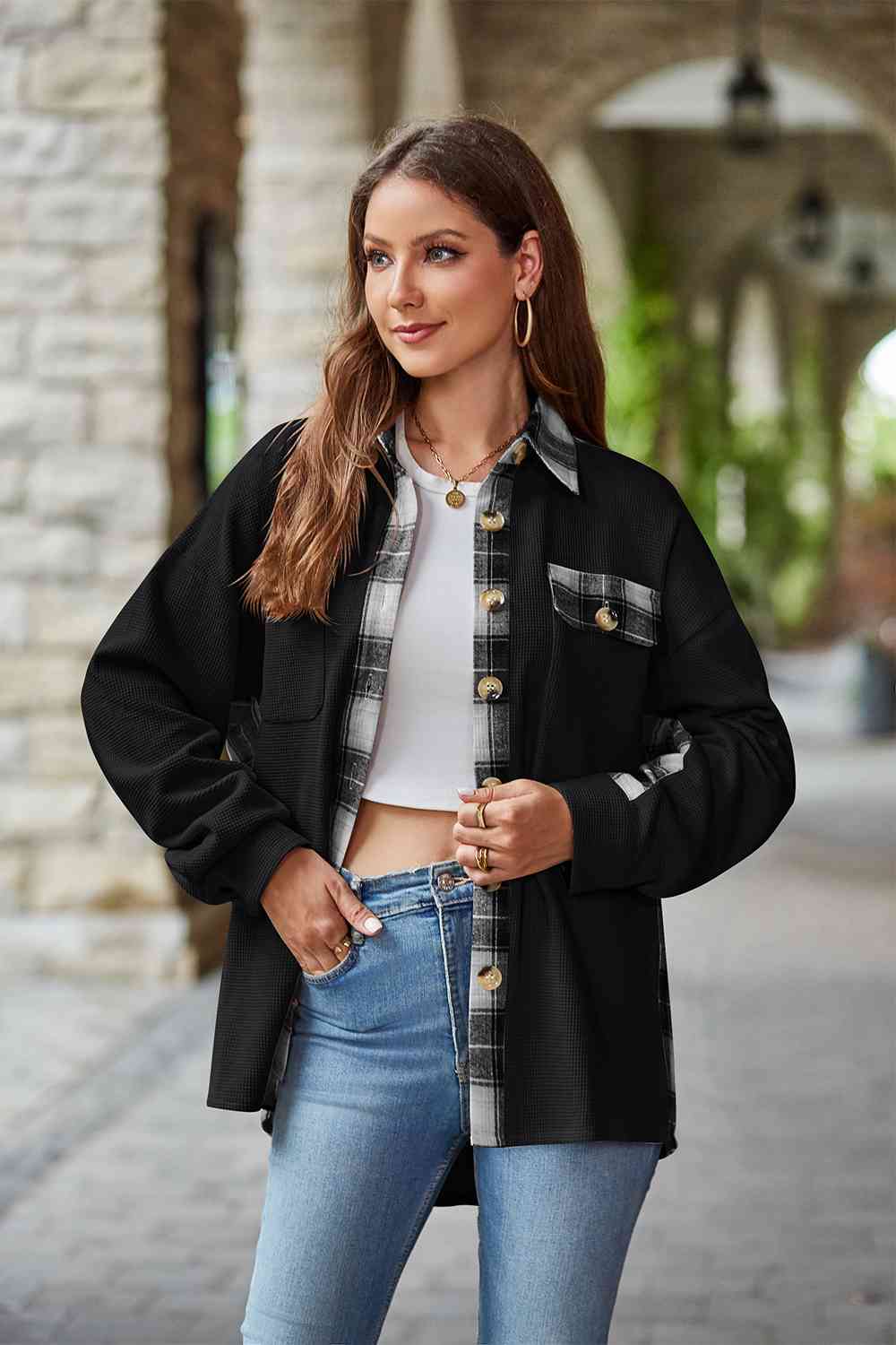 Full Size Plaid Collared Dropped Shoulder Jacket