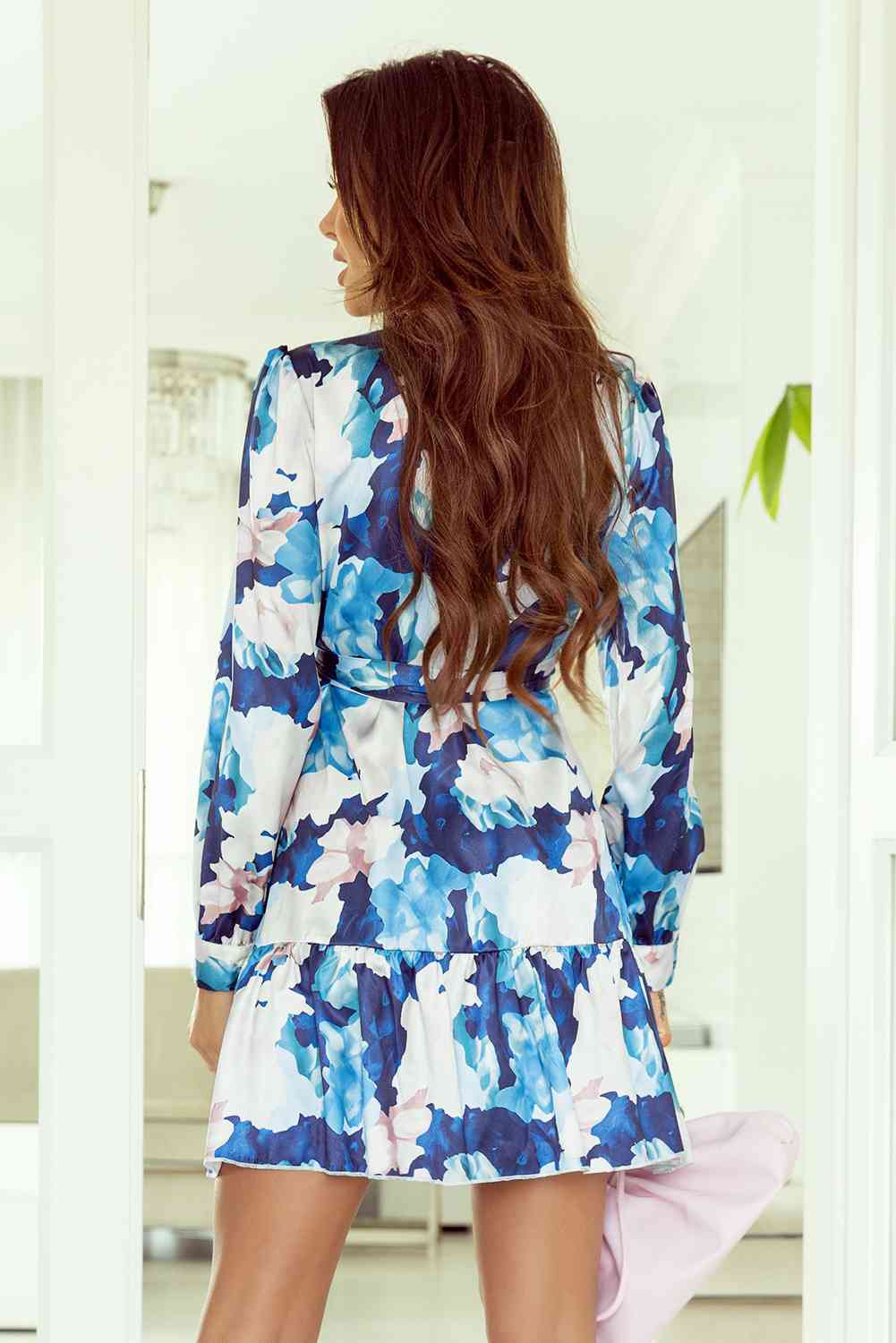 Sky Blue Surplice Neck Long Sleeve Ruffled Dress