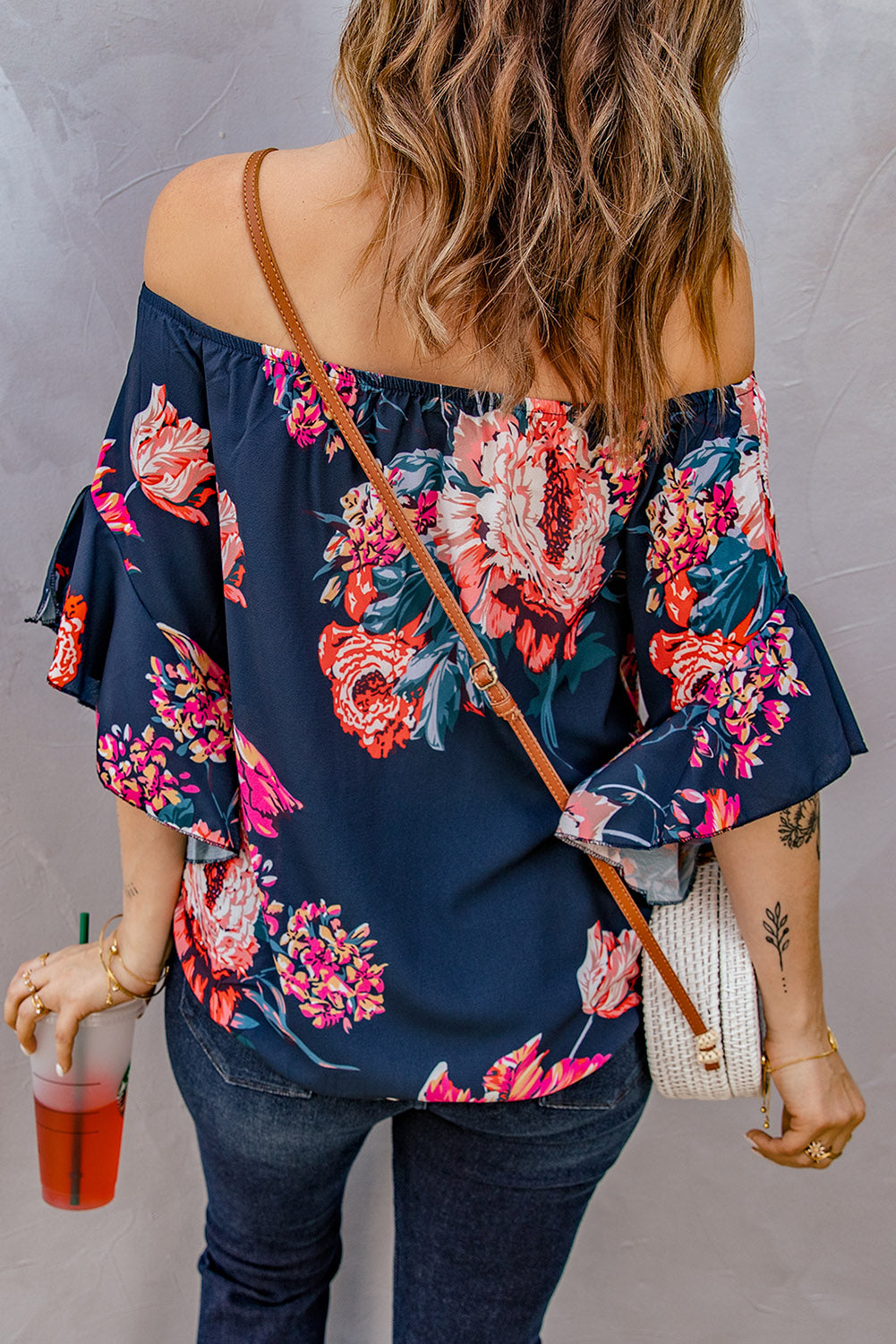 Full Size Printed Off-Shoulder Flounce Sleeve Top