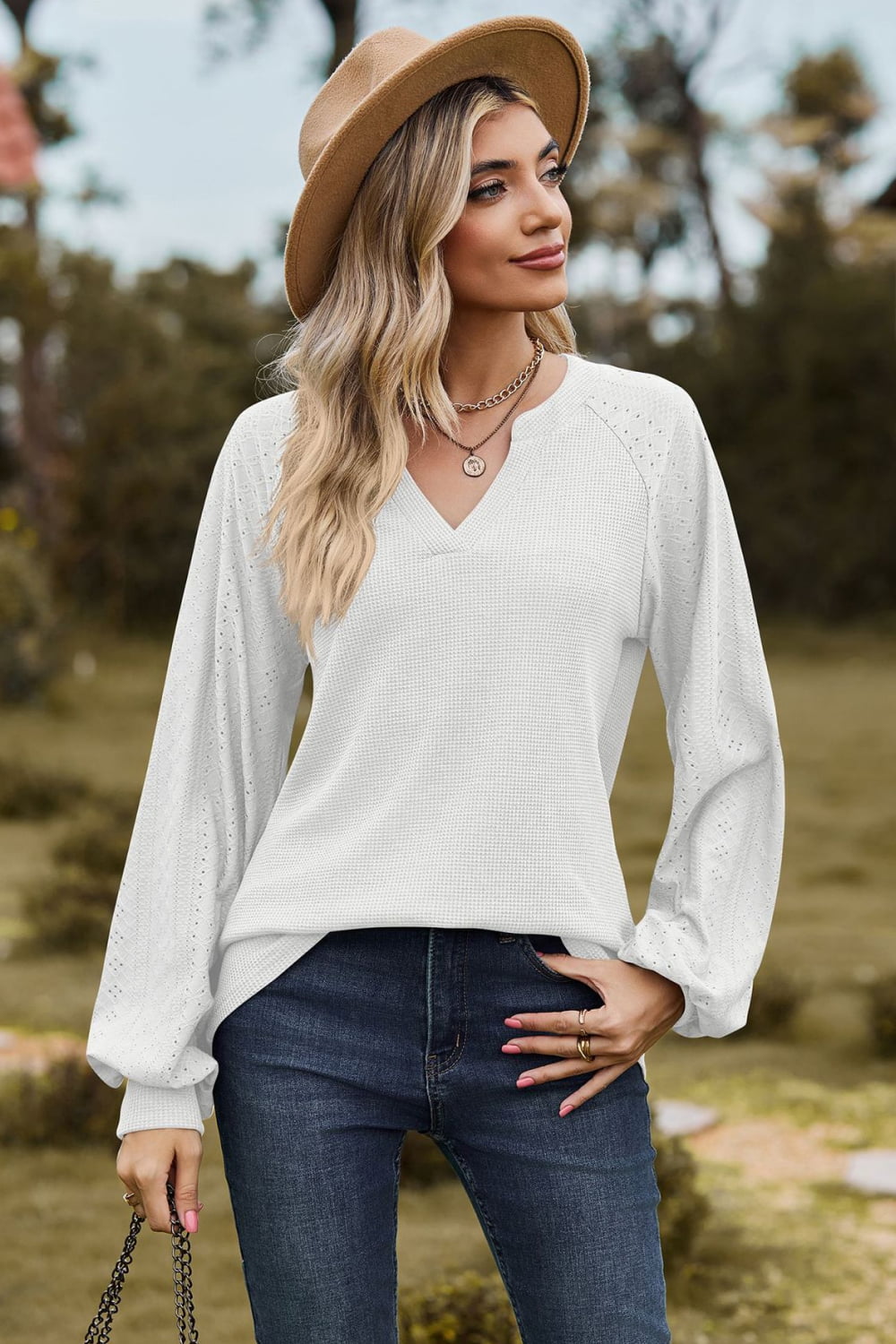 Full Size Notched Neck Raglan Sleeve Blouse