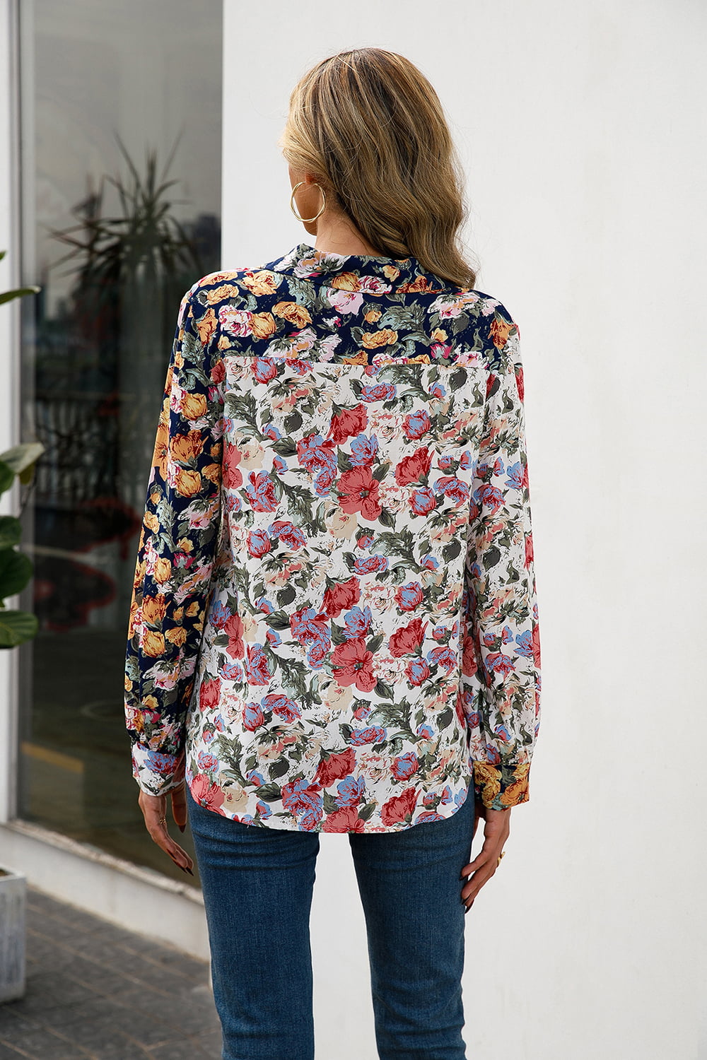 Floral Print Collared Neck Long Sleeve Shirt