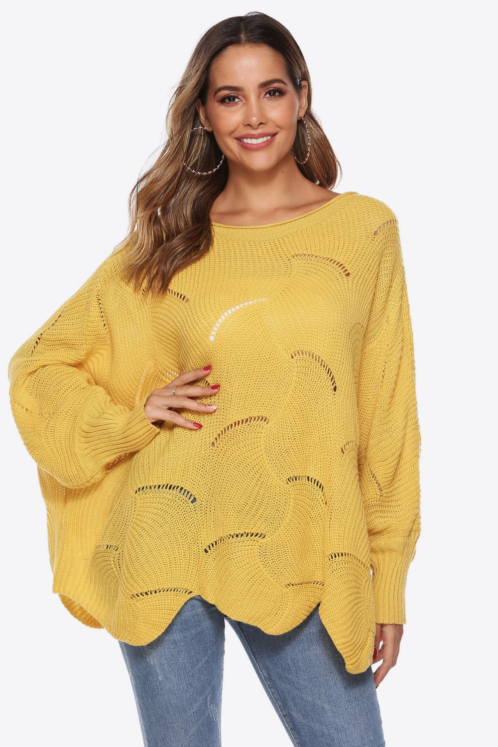 Full Size Round Neck Long Sleeve Openwork Sweater