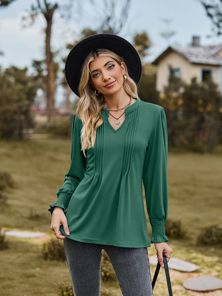 Full Size Notched Neck Flounce Sleeve Blouse