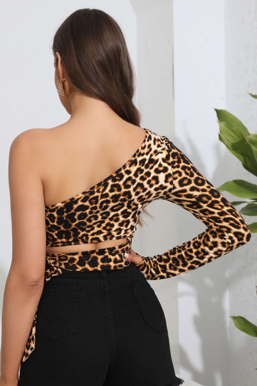 Selena Leopard Cutout One-Shoulder Cropped Top