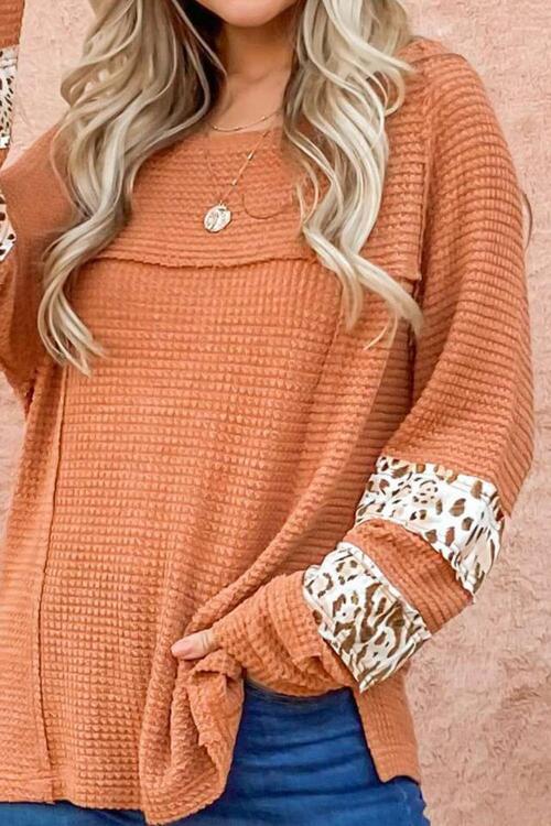 Sherbet Orange Waffle-Knit Leopard Long Sleeve Slit Blouse