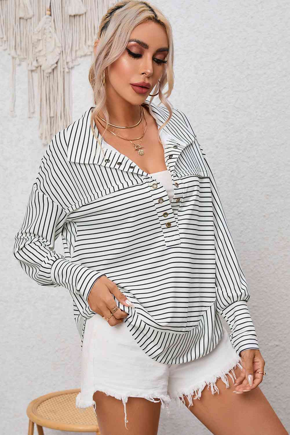 Full Size Striped Collared Top