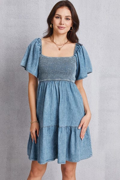 Larissa Bea Smocked Square Neck Mini Denim Dress