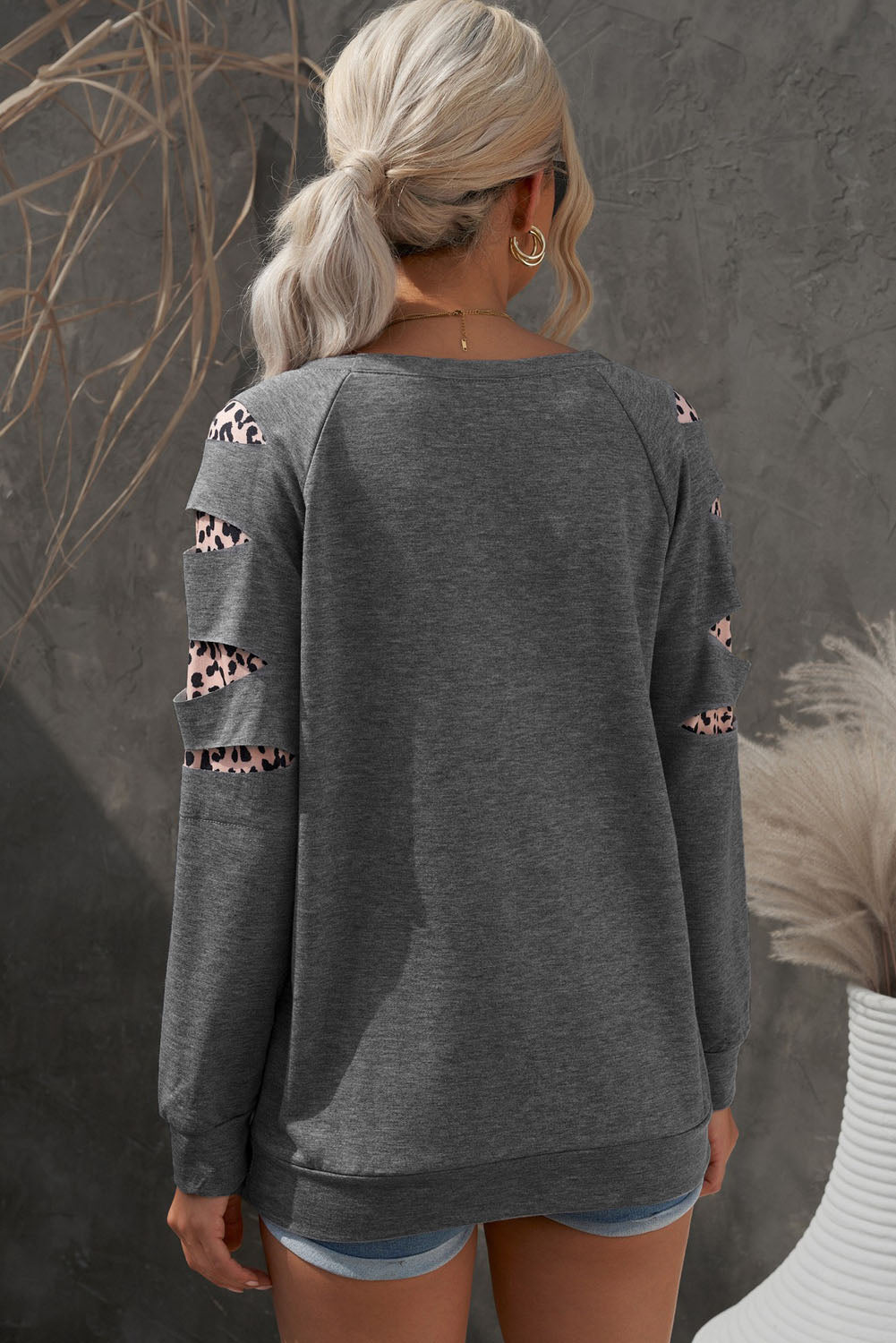 Full Size Gray Leopard Patchwork Raglan Sleeve Sweatshirt