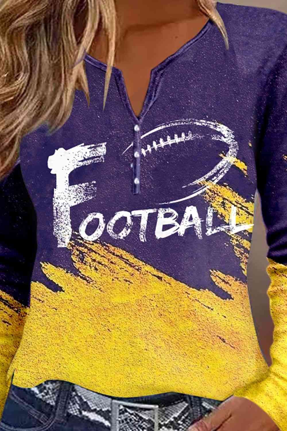 FOOTBALL Graphic Notched Neck Violet Long Sleeve T-Shirt