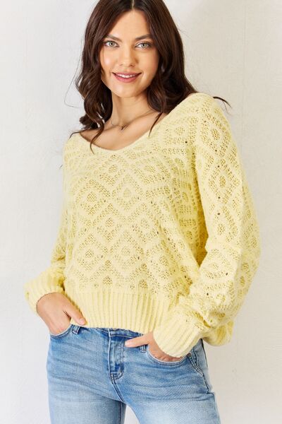 HYFVE Yellow V-Neck Patterned Long Sleeve Sweater