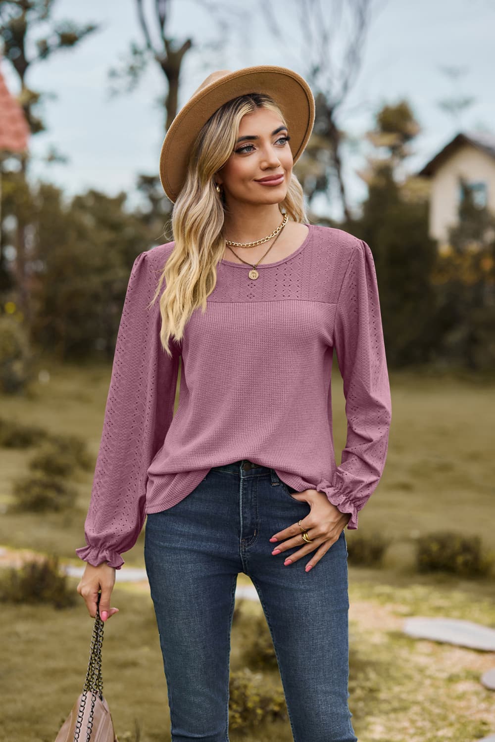 Full Size Round Neck Puff Sleeve Blouse