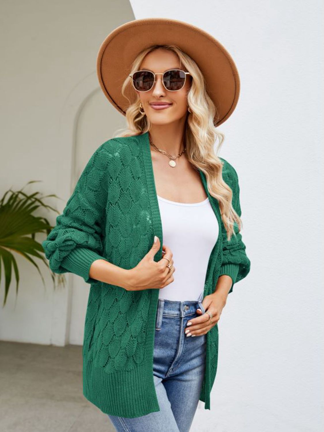 SkyMarie Open Front Ribbed Trim Cardigan