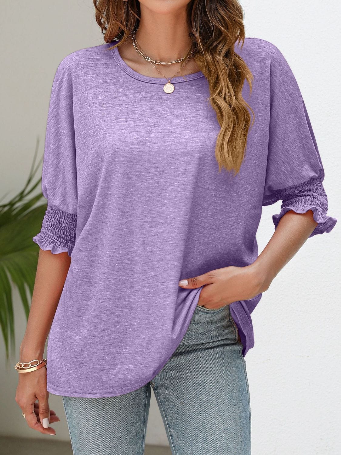 Full Size Smocked Flounce Sleeve Round Neck T-Shirt