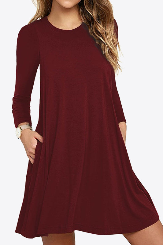 Women's Full Size Agnetha Long-Sleeve Round Neck Dress with Pockets
