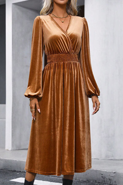 Surplice Balloon Sleeve Smocked Caramel Brown Midi Dress