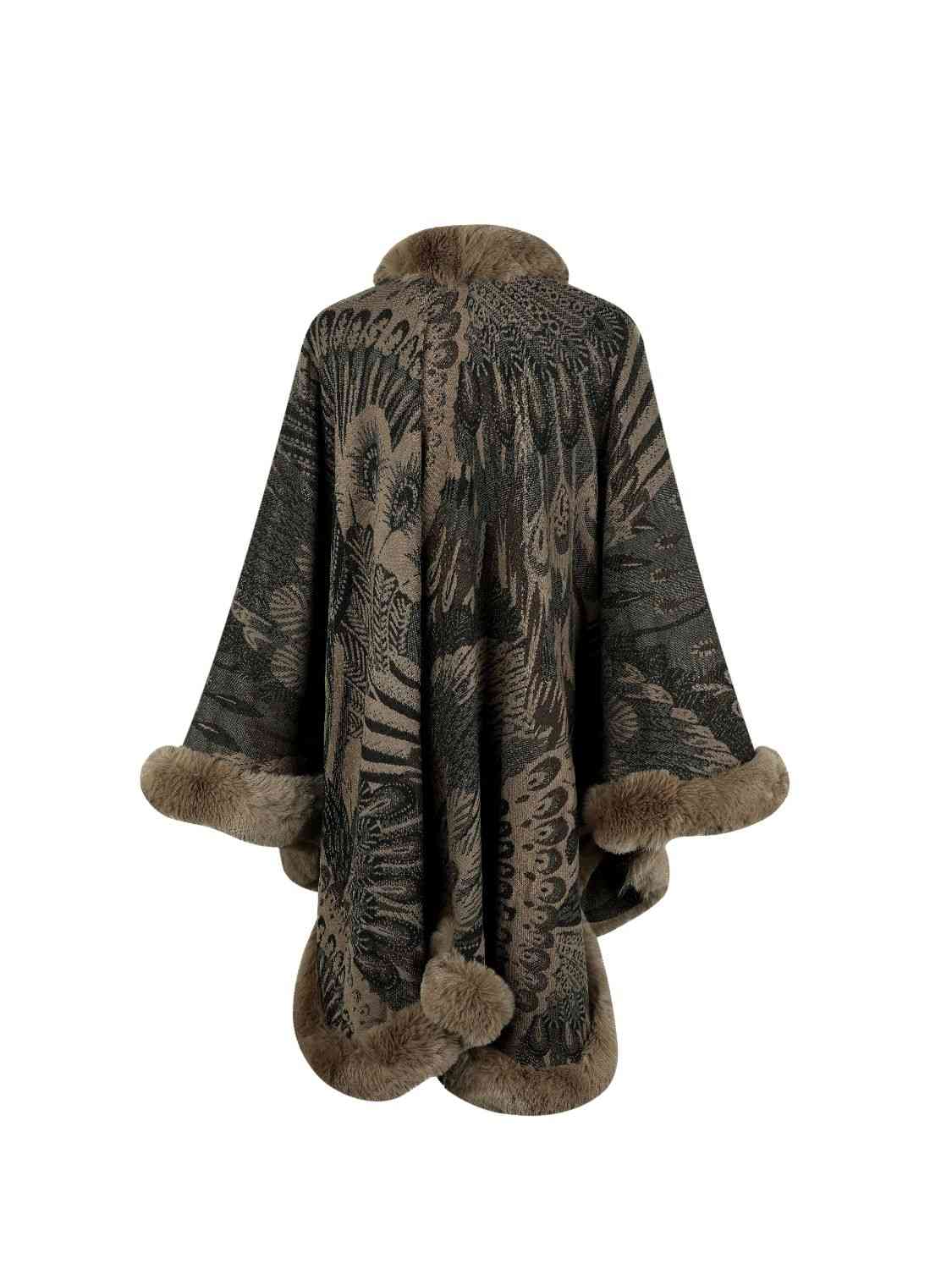 Beauty Devine Fur Trim One Size Printed Open Front Poncho