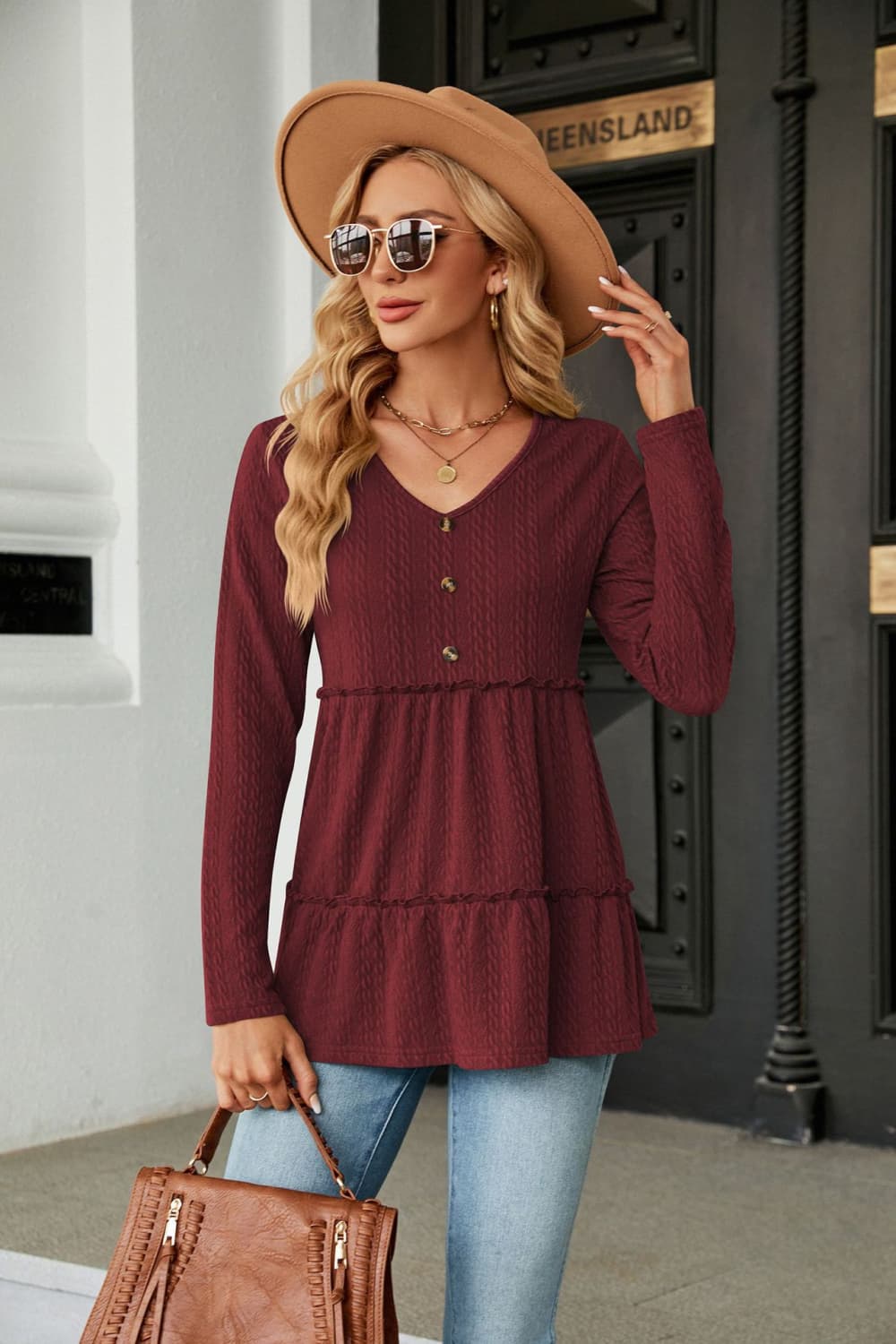 Full Size Long Sleeve V-Neck Cable-Knit Blouse