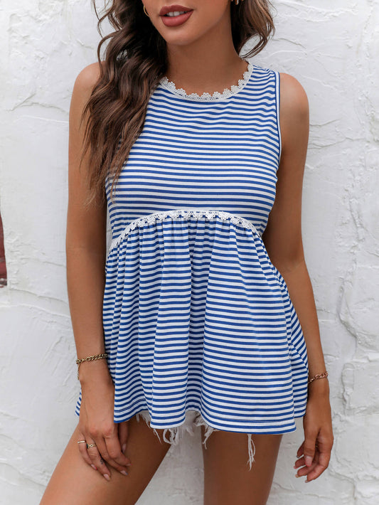 Women's Striped Lace Trim Round Neck Tank