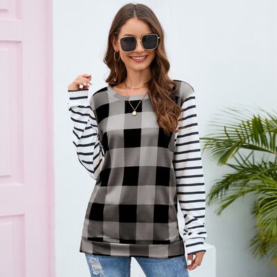 Women's HannahMea Plaid Striped Round Neck Long Sleeve T-Shirt