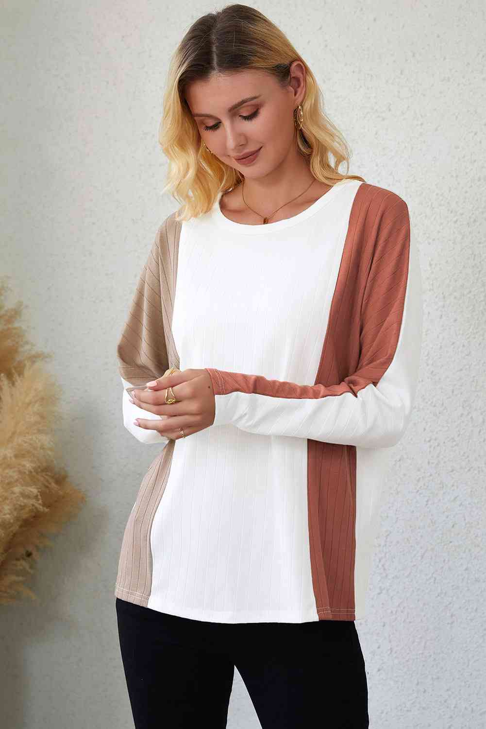 Color Block Khaki Brown Long Sleeve T-Shirt