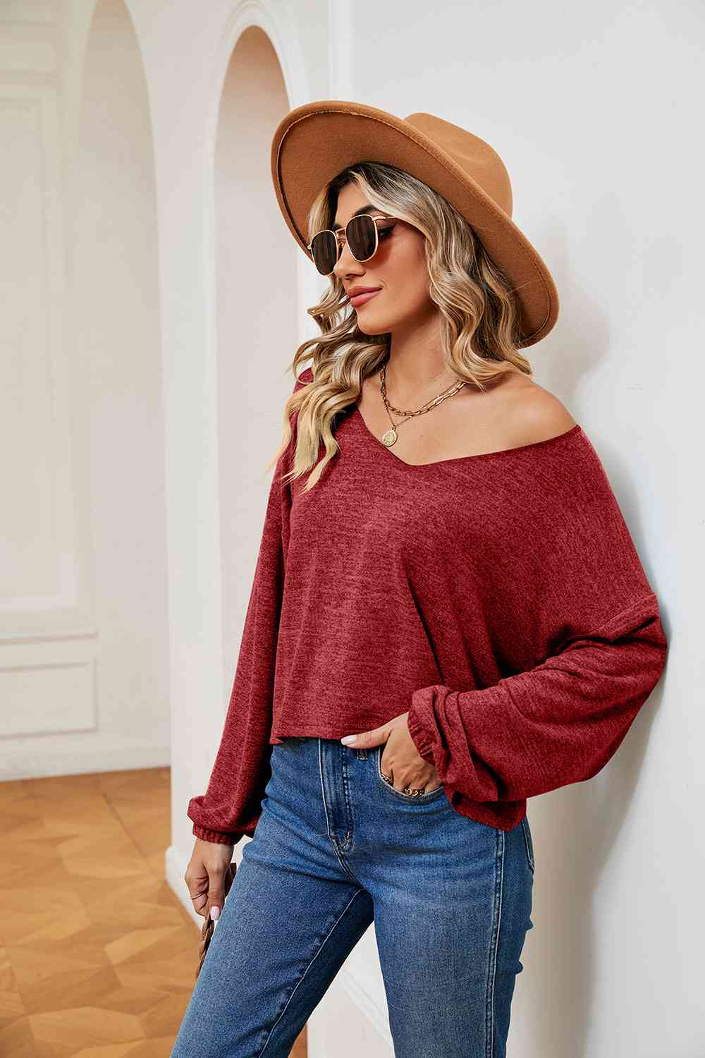 Full Size V-Neck Long Sleeve Top