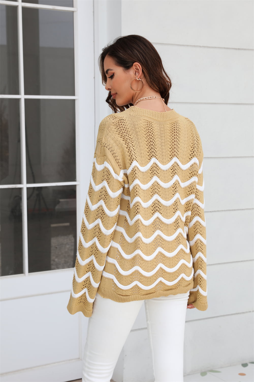 Hannah&Mea Wave Pattern Round Neck Long Sleeve Sweater