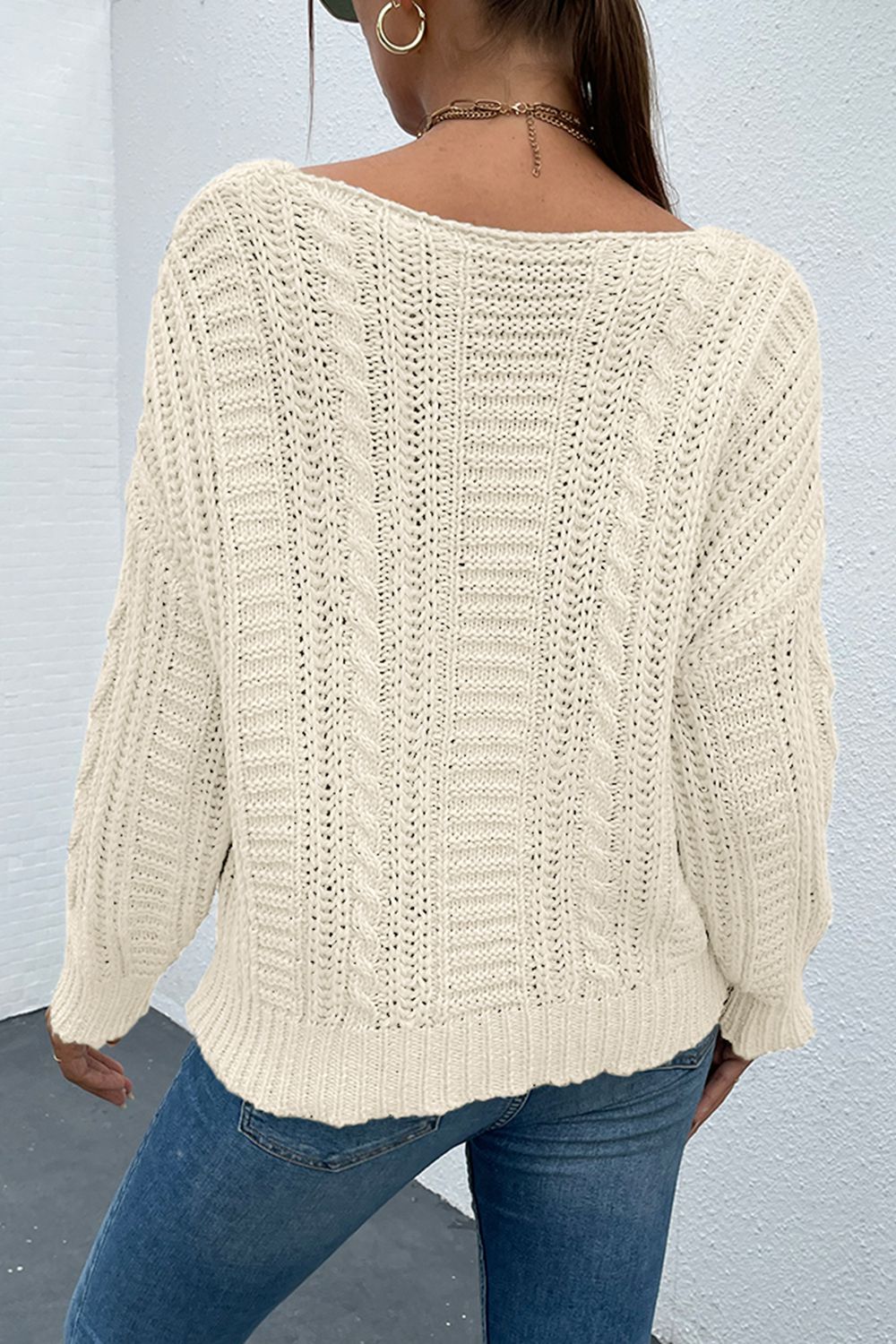 M&Matilda V-Neck Cable-Knit Long Sleeve Sweater