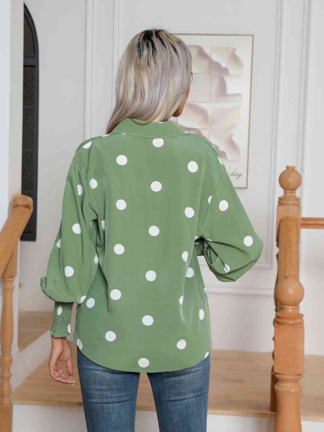 Light Green Polka Dot Collared Neck Buttoned Lantern Sleeve Shirt