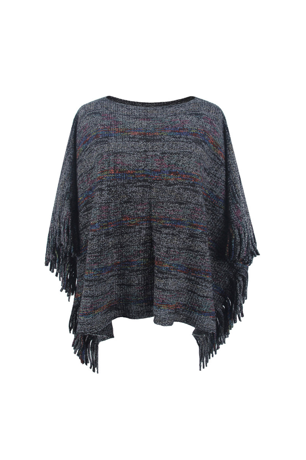 One Size Round Neck Fringe Detail Sleeve Poncho