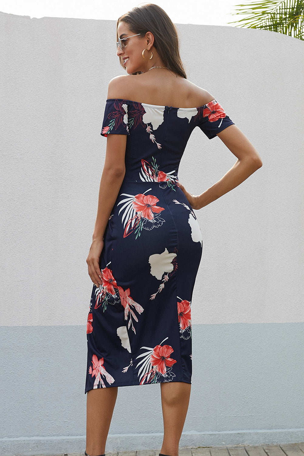 Women's Full Size Printed Off-Shoulder Slit Midi Dress