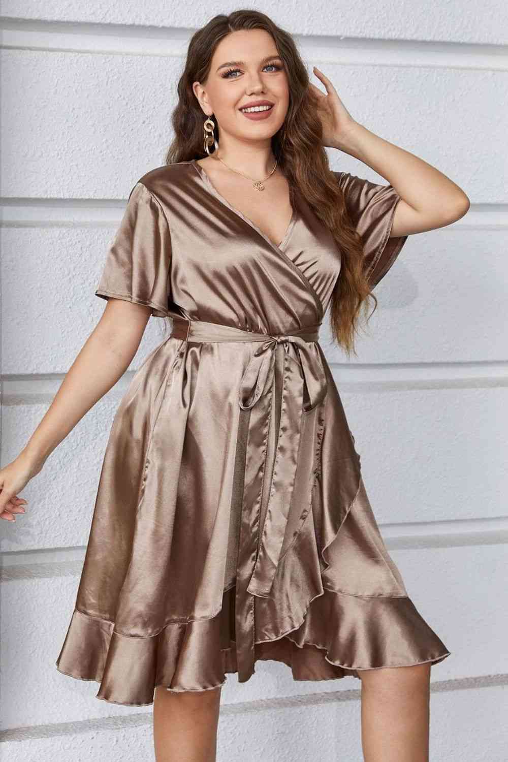 Plus Size Women's Light Brown Belted Ruffled Surplice Dress