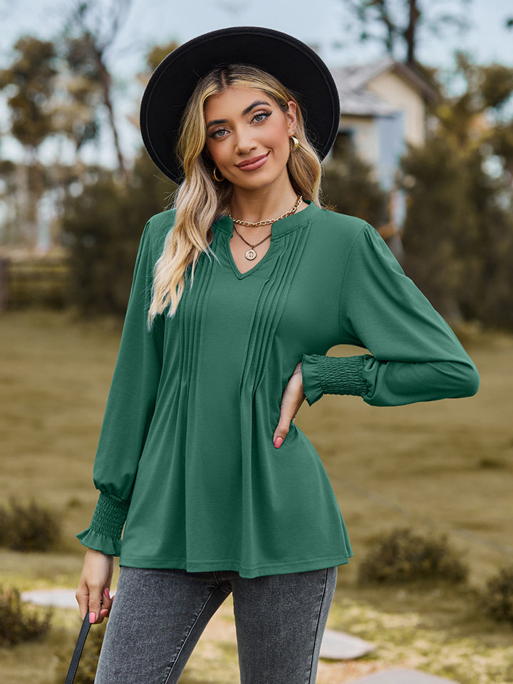 Full Size Notched Neck Flounce Sleeve Blouse