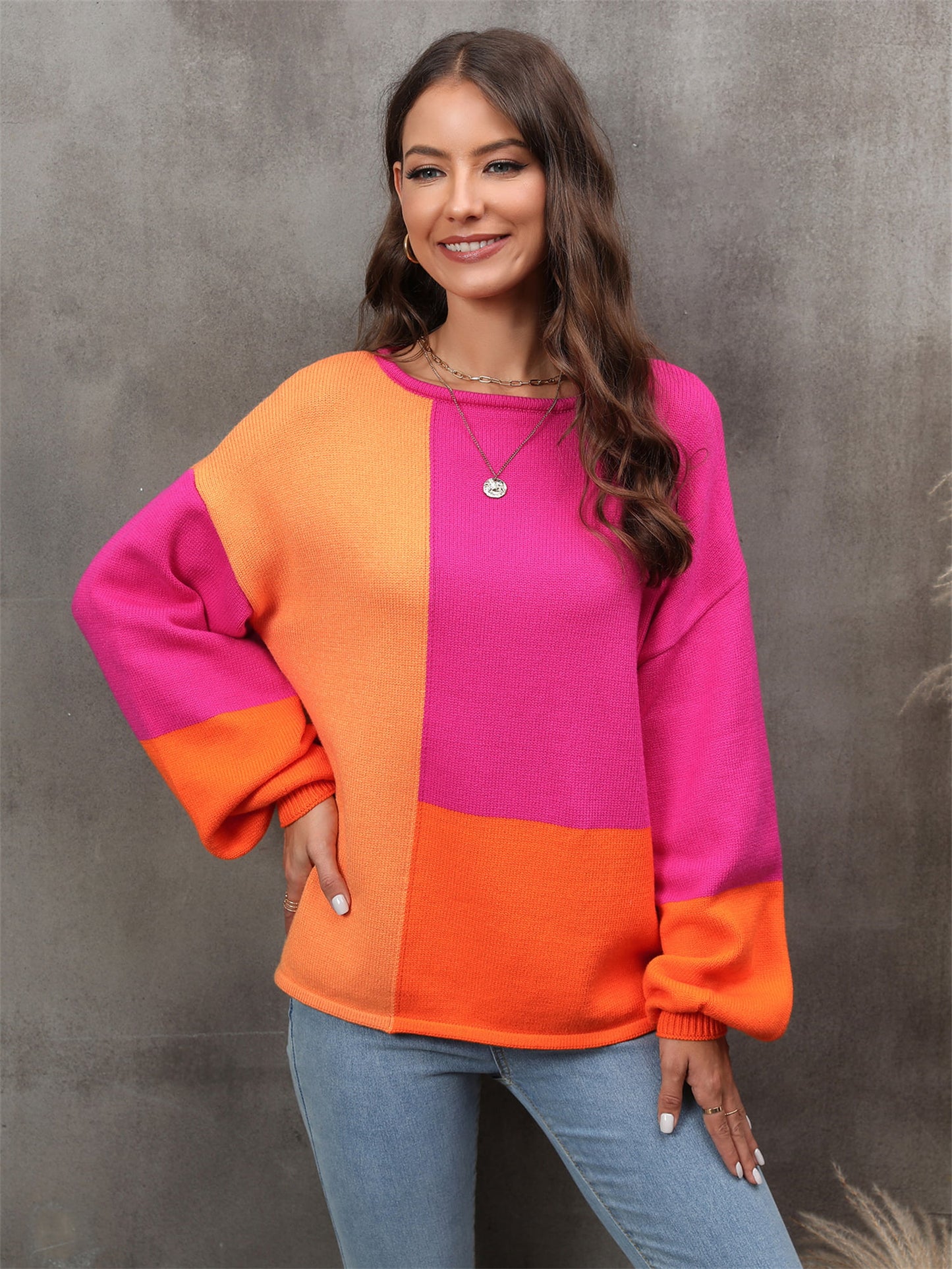 Color Block Round Neck Dropped Shoulder Sweater