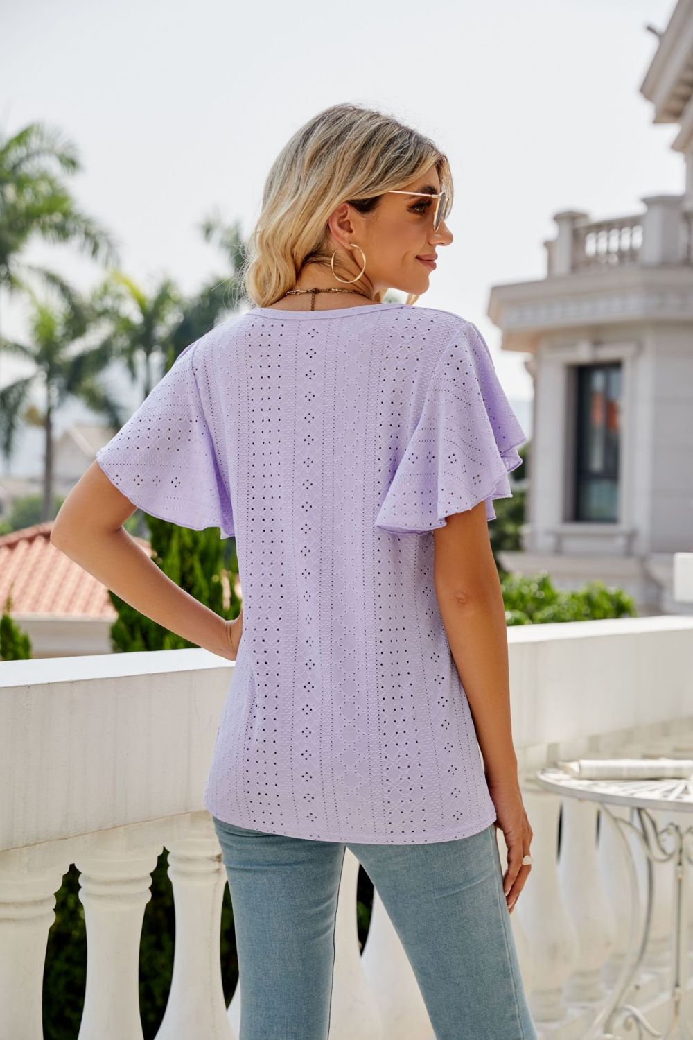 Full Size Eyelet Flutter Sleeve Round Neck Top