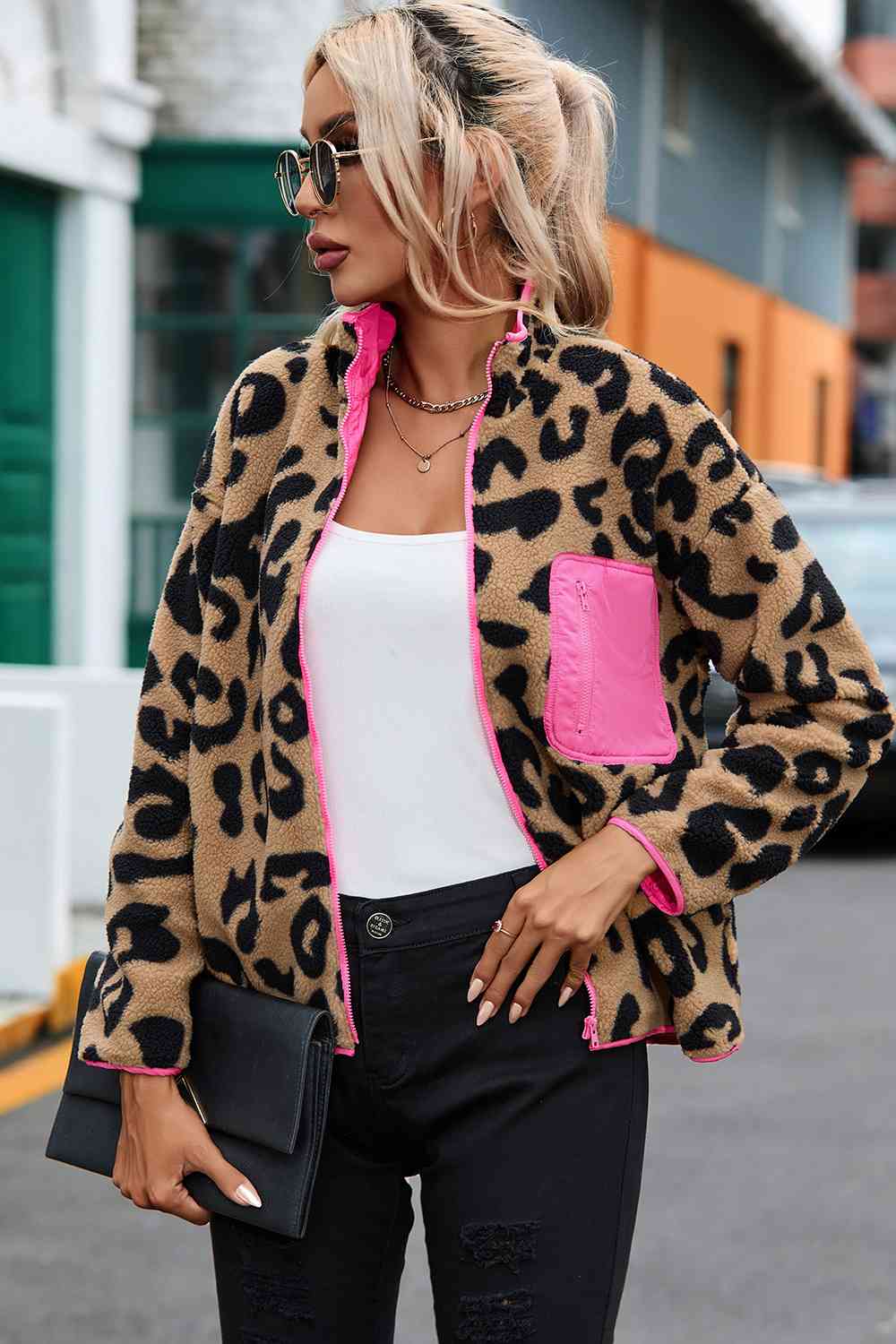 Bella Leopard Zip-Up Dropped Shoulder Jacket