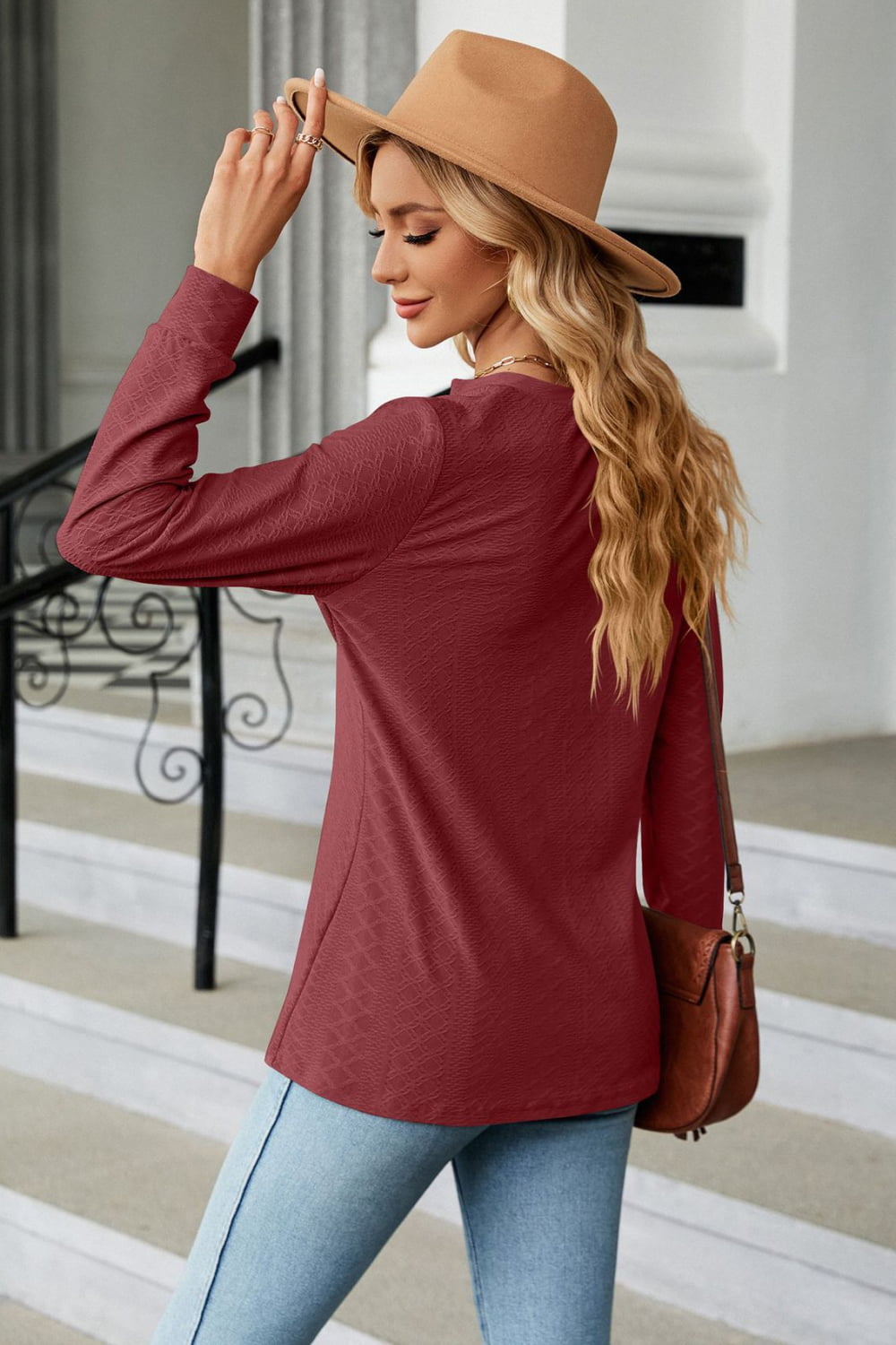 Full Size Notched Neck Long Sleeve Buttoned Blouse