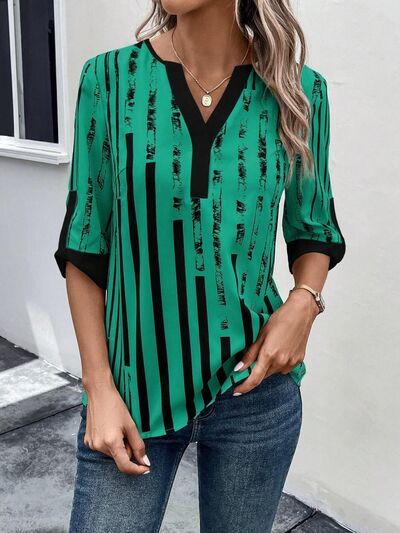 Striped Notched Half Sleeve Blouse